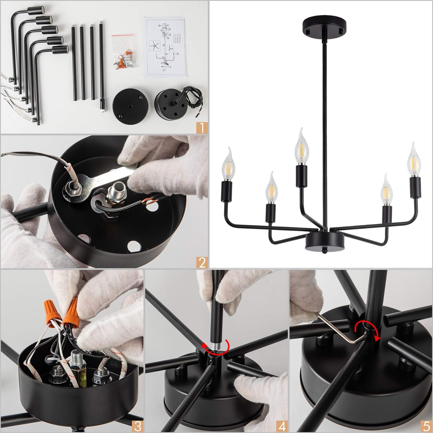 SHANSRUI Candelabro negro mate moderno estilo casa de campo, lámpara de techo contemporánea, 5 luces, lámparas colgantes para dormitorio, sala de
