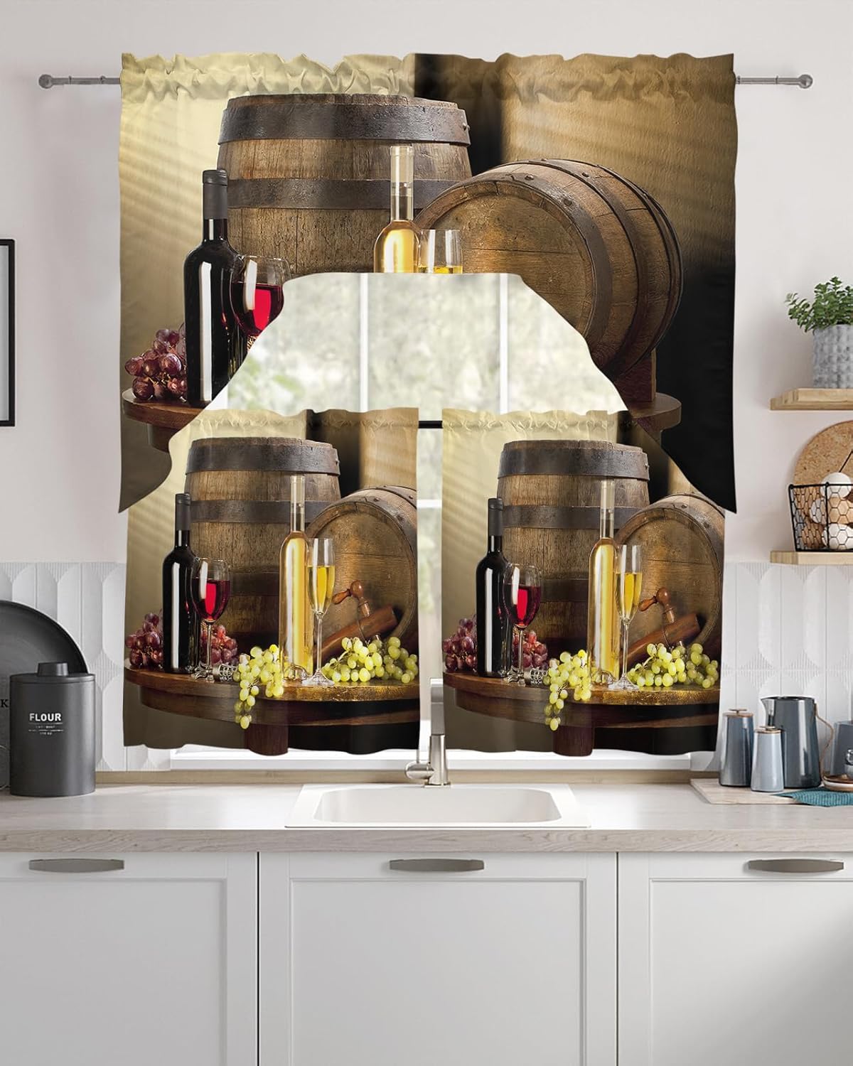 Cenefas para cocina, 3 piezas, tazas de vino tinto, bolsillo para barra, 1 cenefa y 2 niveles para ventanas pequeñas, juego de paneles de
