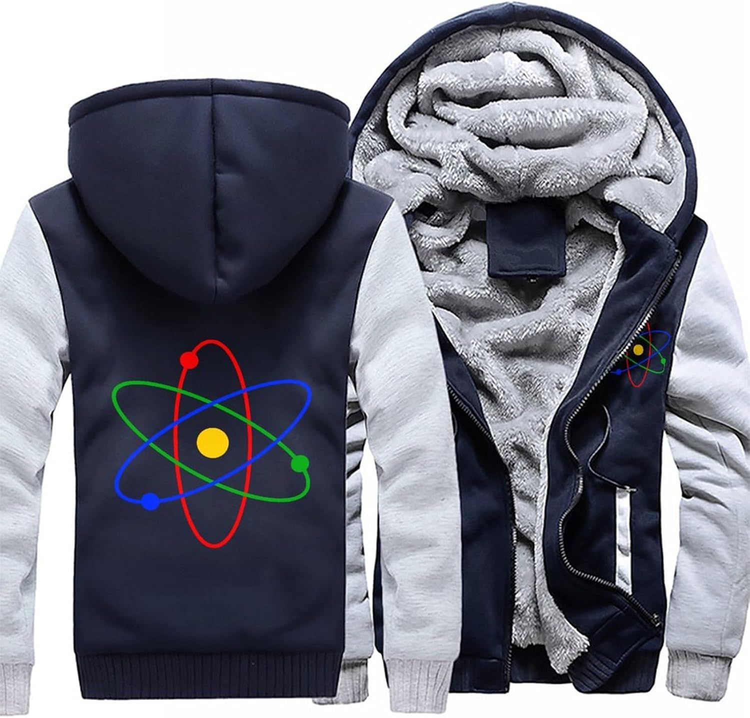 Science Atom Logo Men’s Zippered Up Hoodie Winter Heavyweight Sweatshirt Print Thick Jacket with Pocket