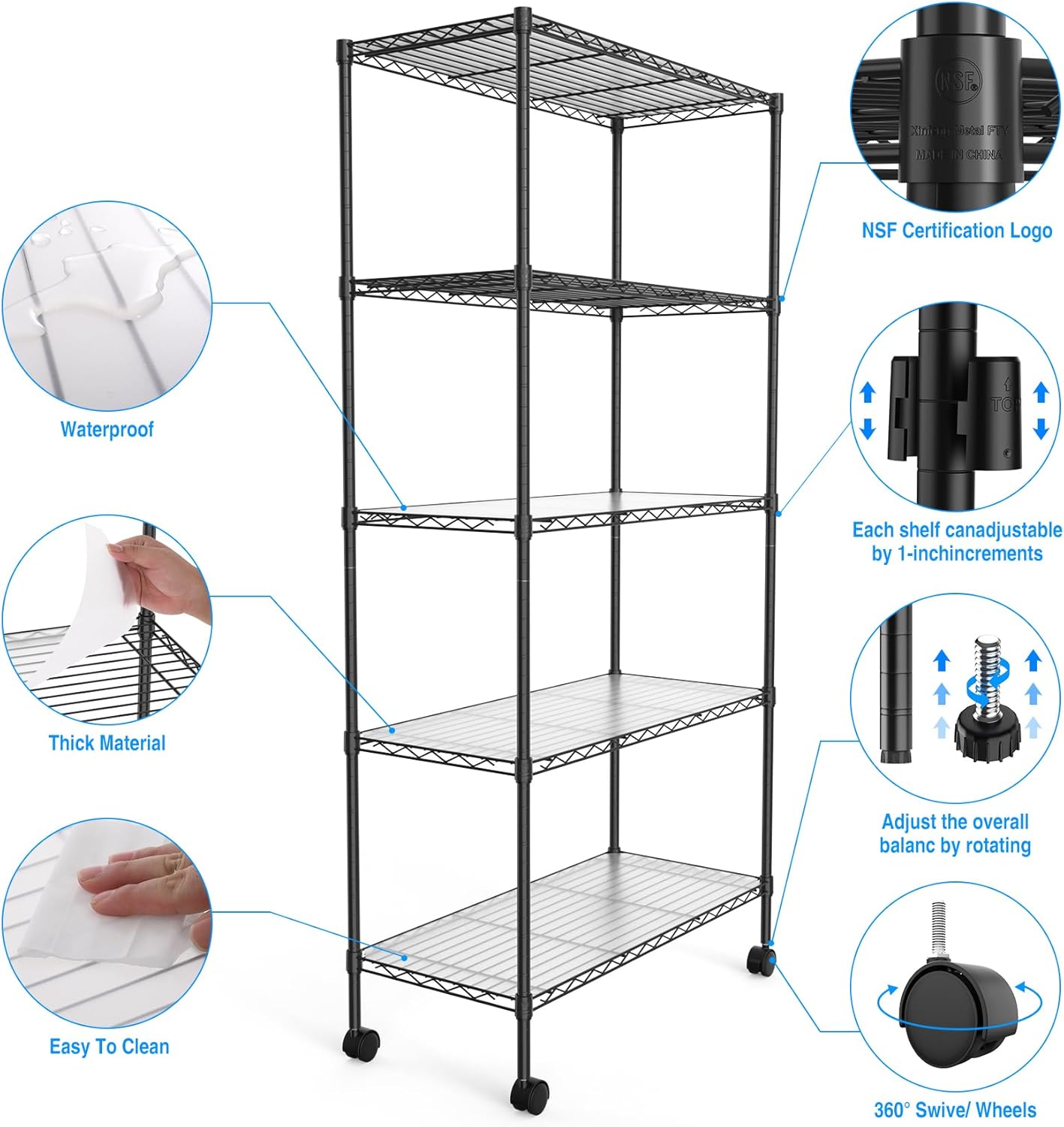 Estantería de alambre NSF de 5 niveles, 14 x 30 x 60 pulgadas, capacidad de 750 libras, estante de metal de almacenamiento ajustable con ruedaspatas