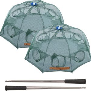 Trampa de cebo de pesca plegable de doble capa, jaula de inmersión portátil de red fundida con varilla extensora para peces pececillos cangrejos Trampa de cebo de pesca plegable de doble capa, jaula de inmersión portátil de red fundida con varilla extensora para peces pececillos cangrejos