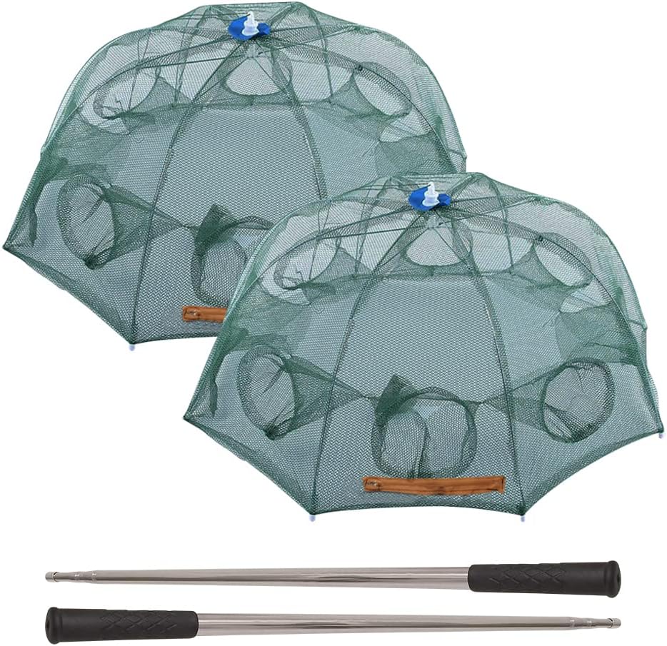 Trampa de cebo de pesca plegable de doble capa, jaula de inmersión portátil de red fundida con varilla extensora para peces pececillos cangrejos