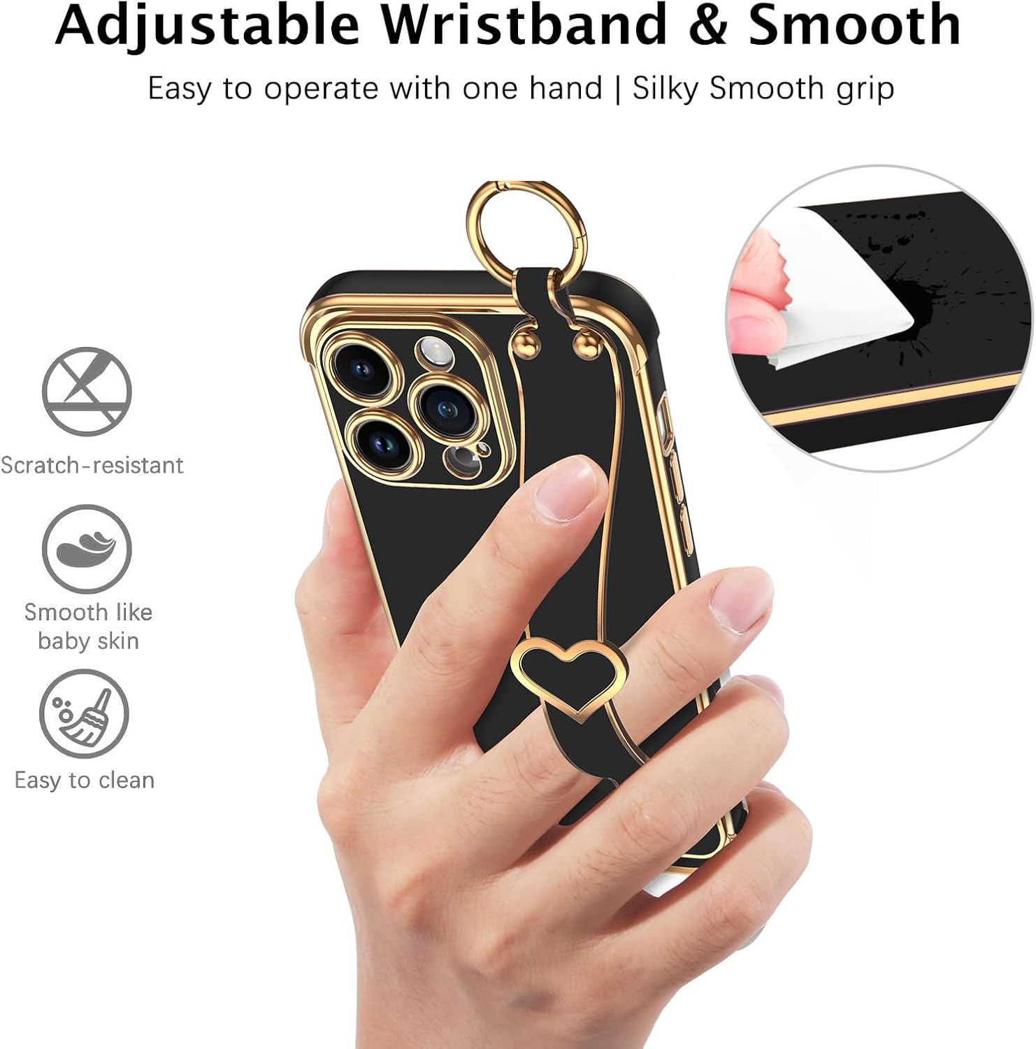 BENTOBEN Funda compatible con iPhone 15 Pro Max, iPhone 15 Pro Max con correa ajustable para la muñeca, soporte de apoyo de lujo con bonito corazón
