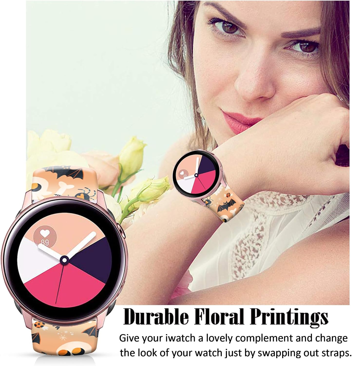 20mm Holidays Floral Silicone Bands Compatible for Samsung Galaxy Watch 4 40mm 44mmClassic 42mm 46mmWatch 3 41mm, Active 2 Watch BandsGear s2 for