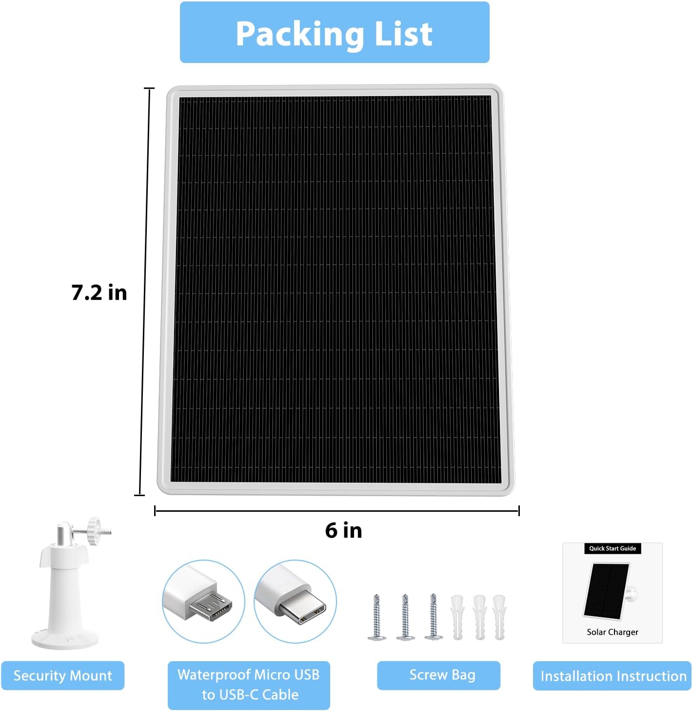 LP Panel solar de 6 W para cámara de seguridad inalámbrica para exteriores, compatible con cámara de vigilancia alimentada por batería recargable,