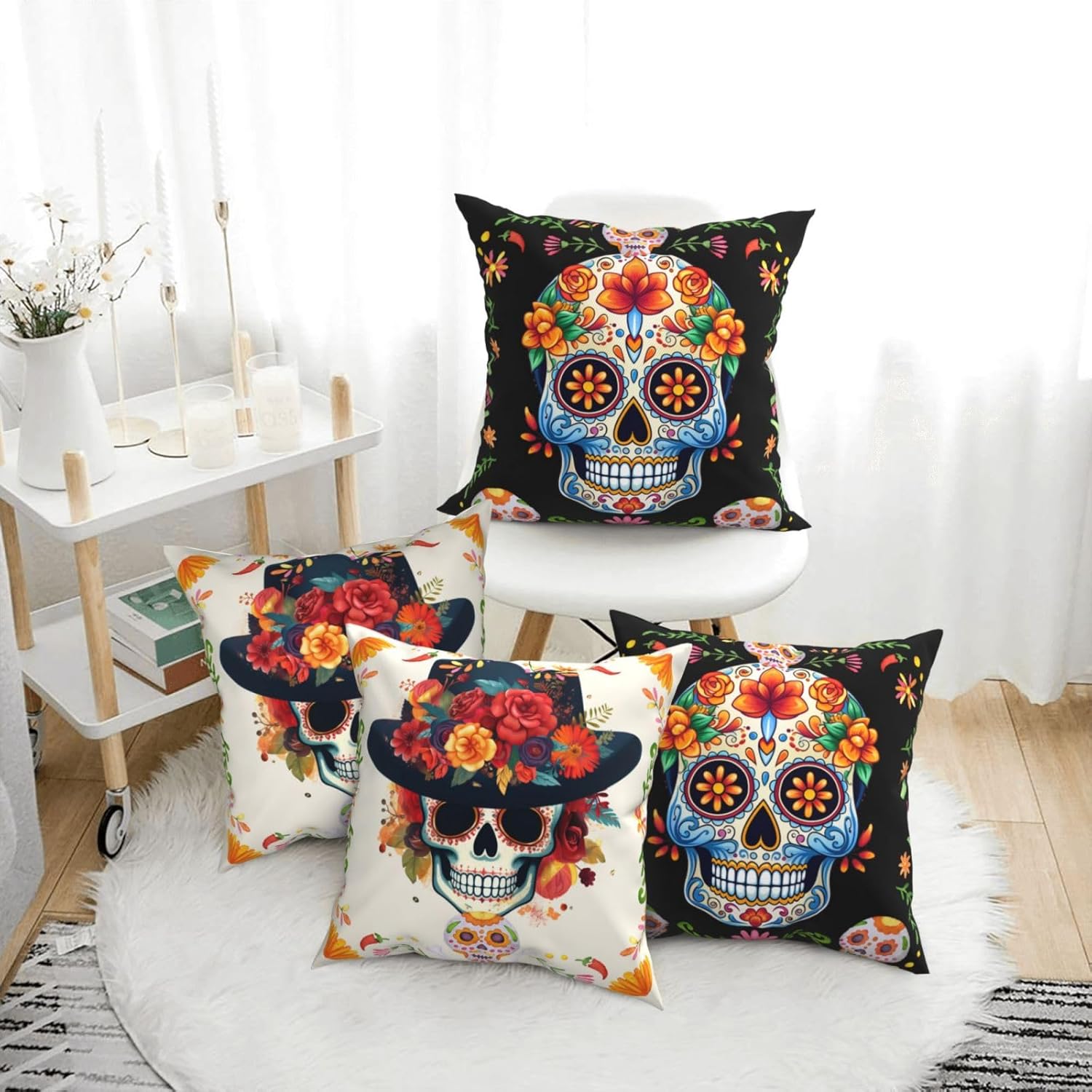 Yuejher 4 fundas de almohada decorativas del Día de los Muertos, fundas de almohada de calavera de azúcar mexicana, fundas de cojín cuadradas para