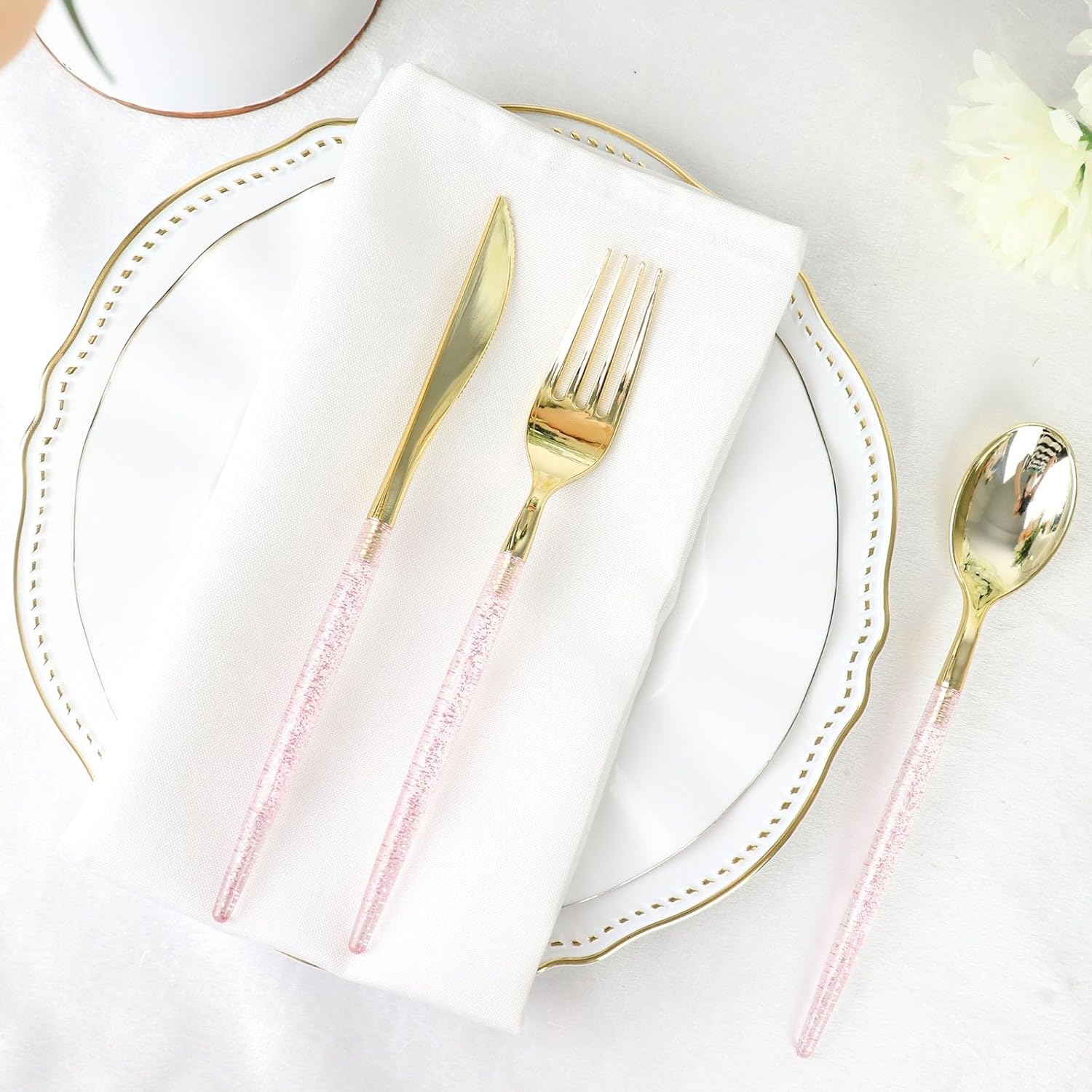 Efavormart – Juego de cubiertos desechables de 8 pulgadas, color oro rosa con purpurina, cubiertos de plástico para bodas, eventos y banquetes