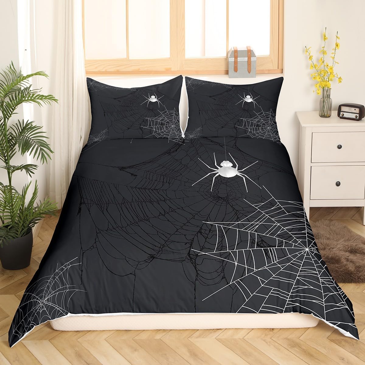Juego de ropa de cama de tela de araña, tamaño matrimonial, para niños, niñas, adolescentes, color blanco y negro, funda de edredón transpirable con
