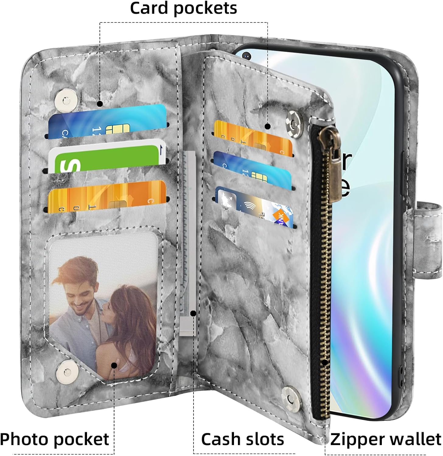 Asuwish Funda para teléfono OnePlus 8 OnePlus8 5G UW Tmobile Wallet Cell Cover con protector de pantalla de vidrio templado y soporte de tarjeta con