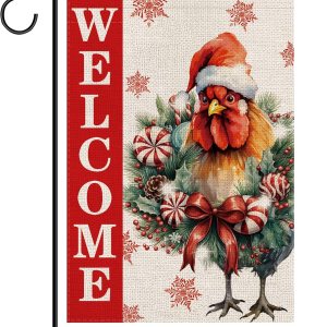 Bandera navideña de jardín de bienvenida de pollo, decoración navideña de invierno, vacaciones, arpillera, vertical, de doble cara, granja, patio, Bandera navideña de jardín de bienvenida de pollo, decoración navideña de invierno, vacaciones, arpillera, vertical, de doble cara, granja, patio,