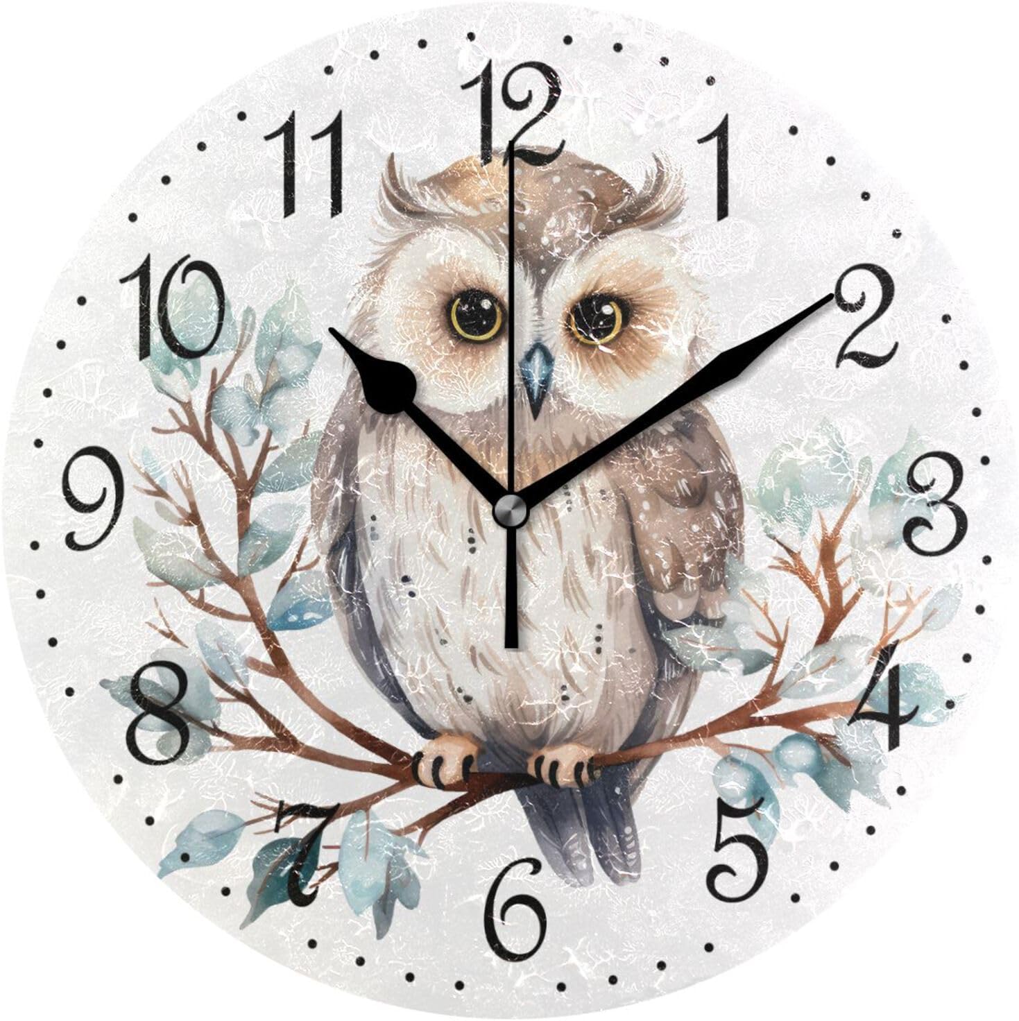 ALAZA Reloj de pared de invierno con búho en rama silencioso sin tictac, funciona con pilas, 10 pulgadas para el hogar, sala de estar, cocina, baño,