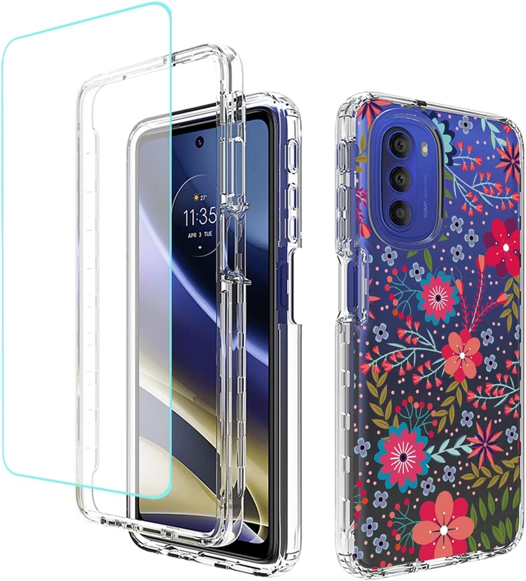 Vokuha Funda para Moto G51, Motorola G51 5G XT2171-1 con protector de pantalla de vidrio templado, funda protectora de TPU transparente floral a
