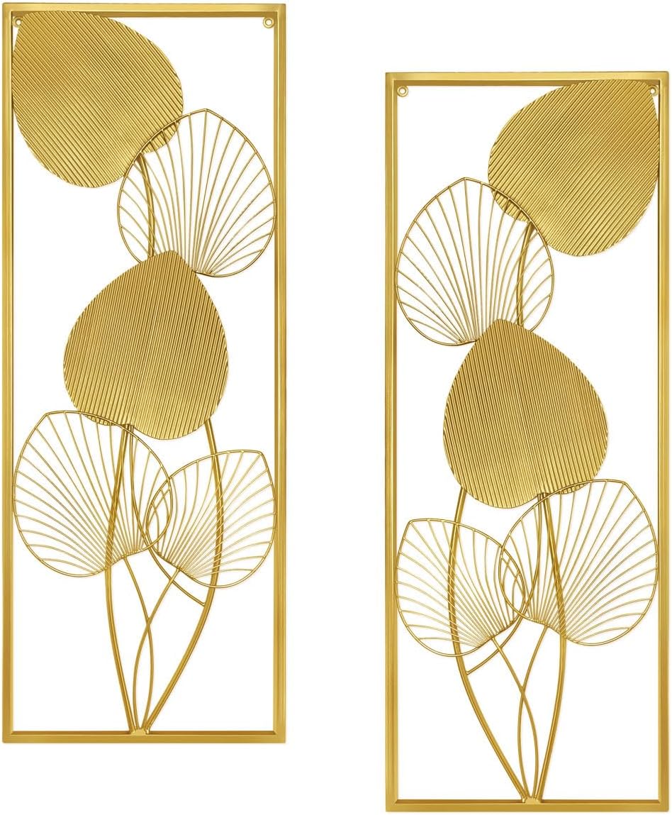 BOTAISHENG Juego de 2 hojas de metal para decoración de pared dorada para el hogar, 32 x 12 pulgadas, decoración de habitación con marco para sala