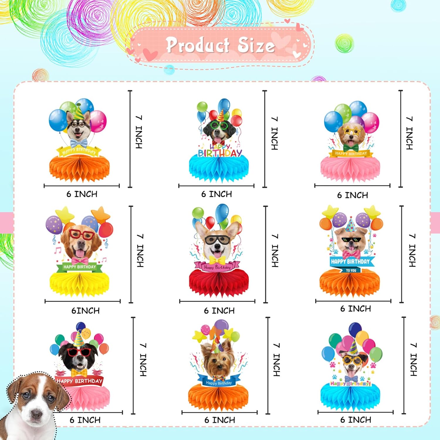Decoraciones de fiesta de cumpleaños con temática de perro, 9 piezas, decoraciones de cumpleaños para perros, centros de mesa de panal para mesas,