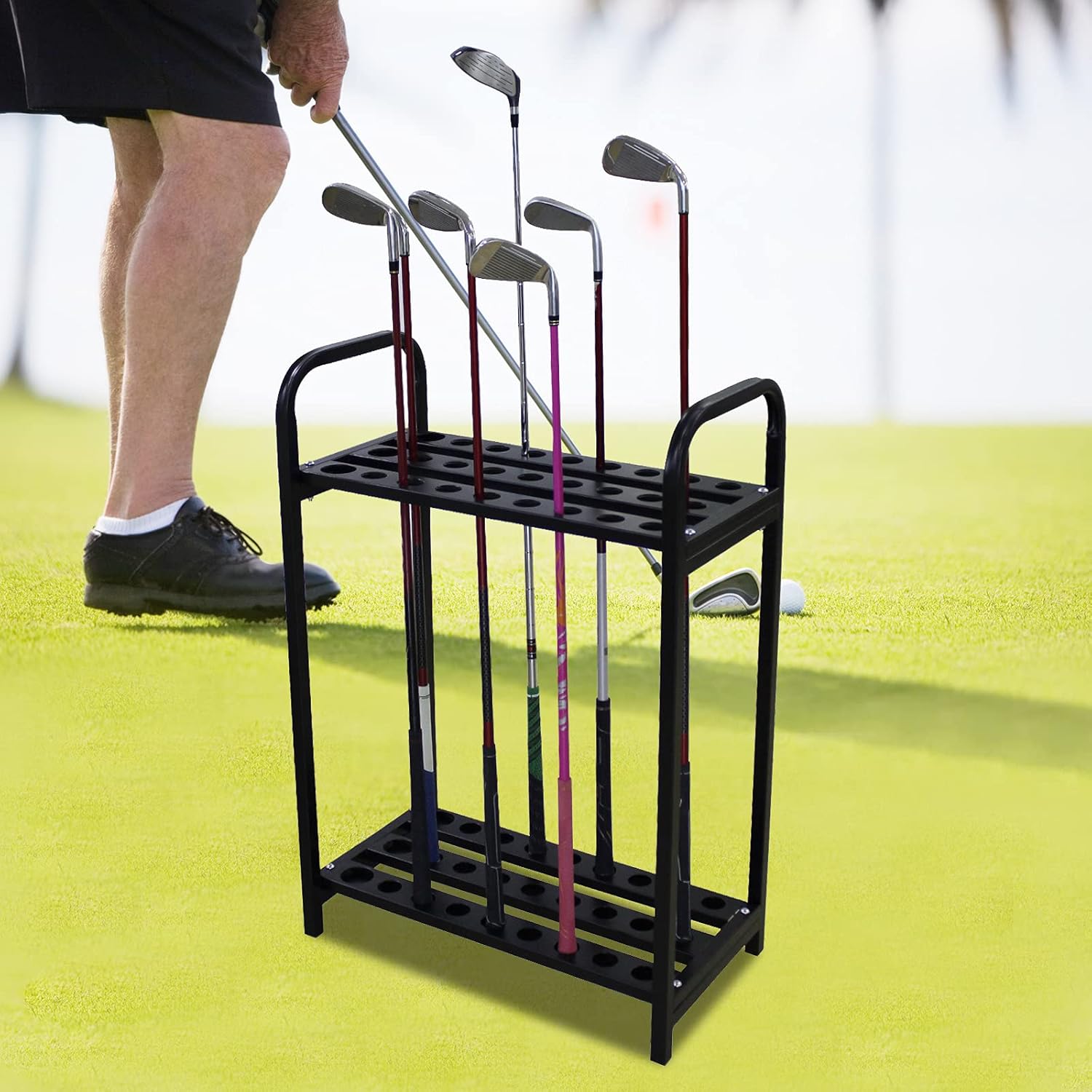 Soporte de canastón de golf, organizador de palos de golf de metal, estante de exhibición, juego de palos de golf, estante de canastero de golf para