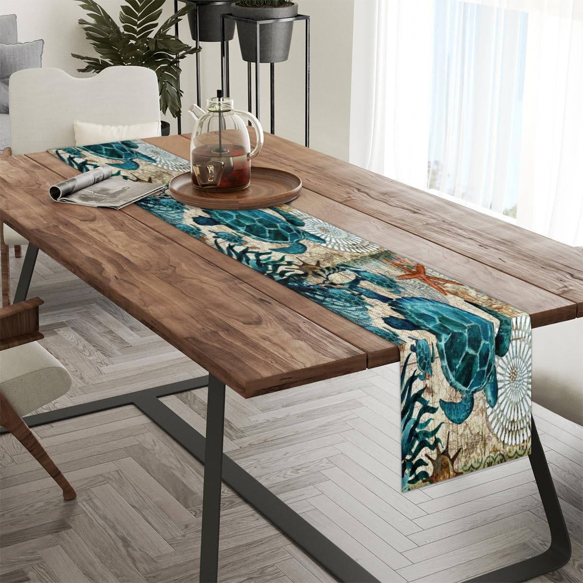 Camino de mesa con diseño de tortugas de animales del océano, mantel de lino rústico de otoño, para cocina, comedor, decoración para fiesta en el