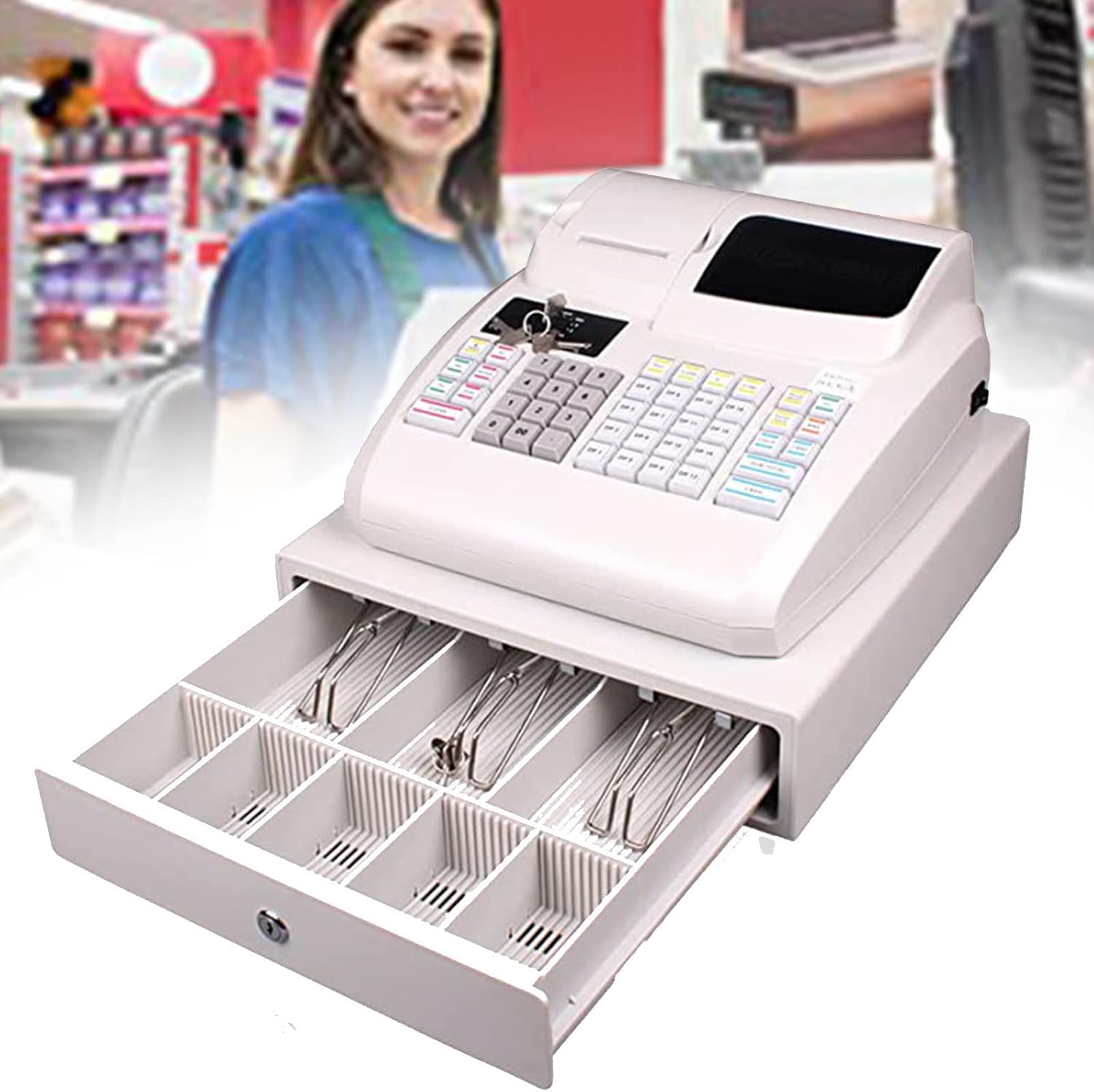 Caja registradora, caja registradora electrónica con bandeja extraíble e impresora térmica, cajón cuadrado pequeño de dinero multifunción para