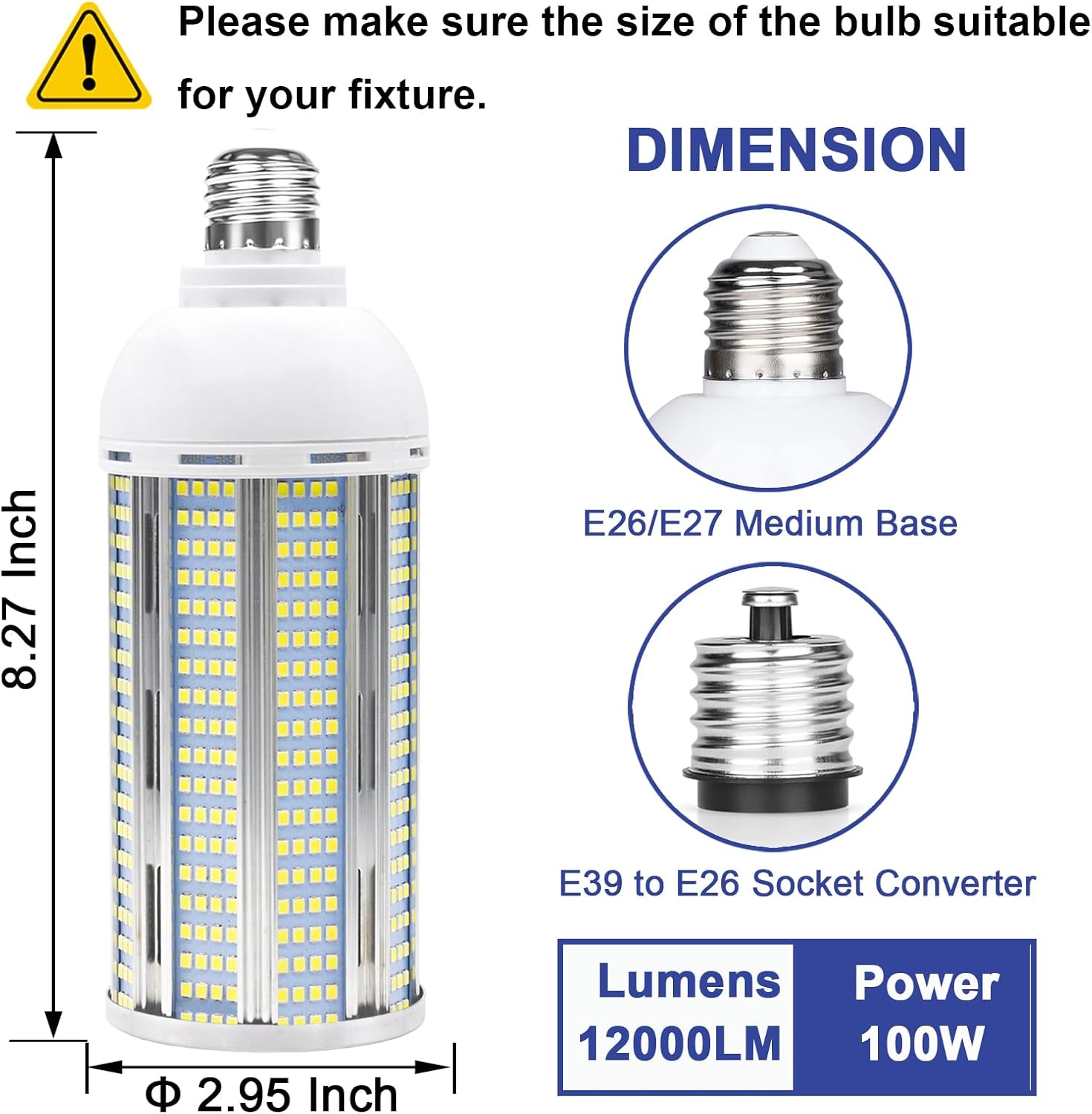 Bombillas LED de maíz de 100 W, 12000 lúmenes, luz blanca diurna de 6000 K, bombilla LED de maíz con base E26E39, AC85-265V, reemplazo LED de haluro