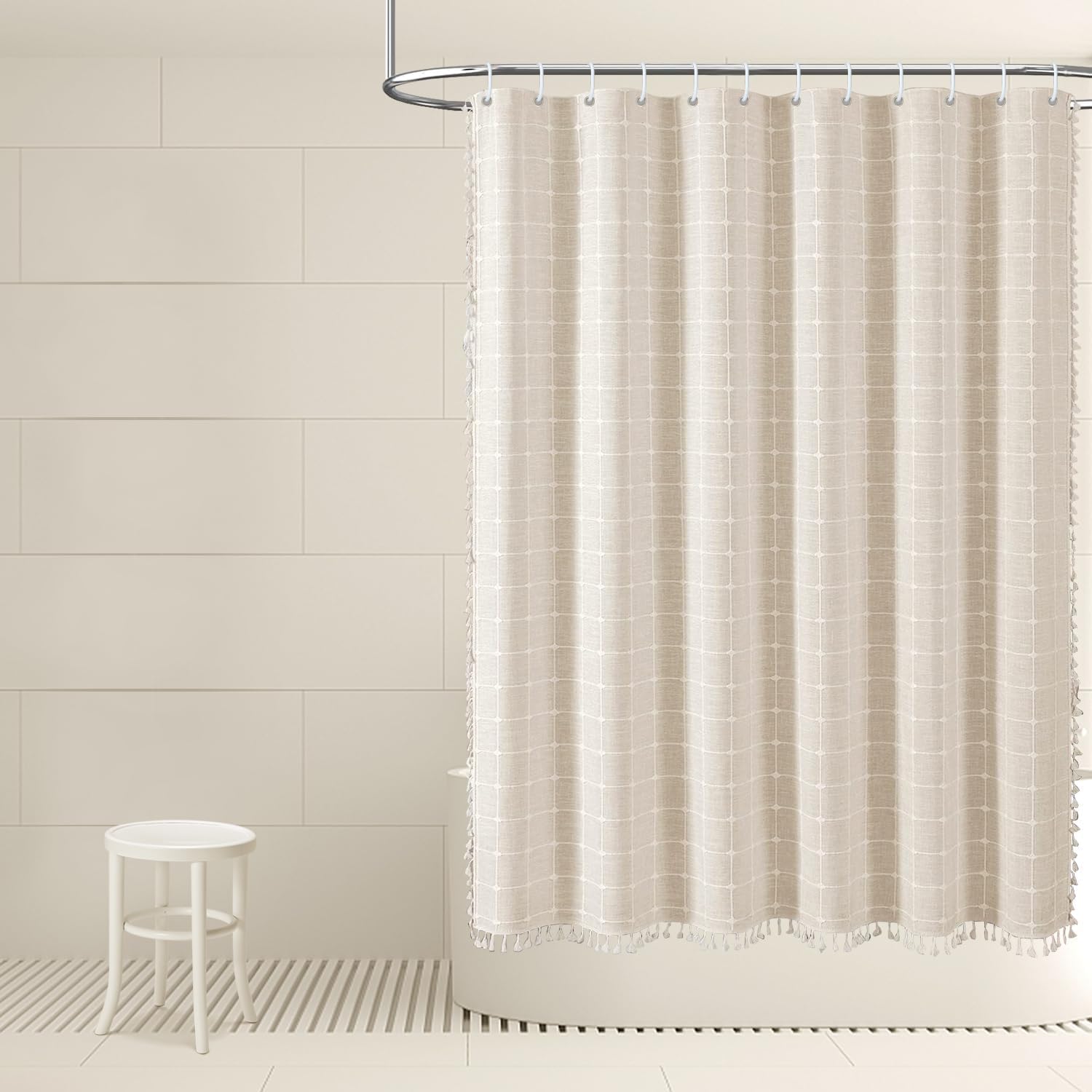 Cortina de ducha a cuadros bohemios, cortinas de ducha de tela de poliéster y lino para baño, juego de cortinas de baño pequeñas y resistentes con
