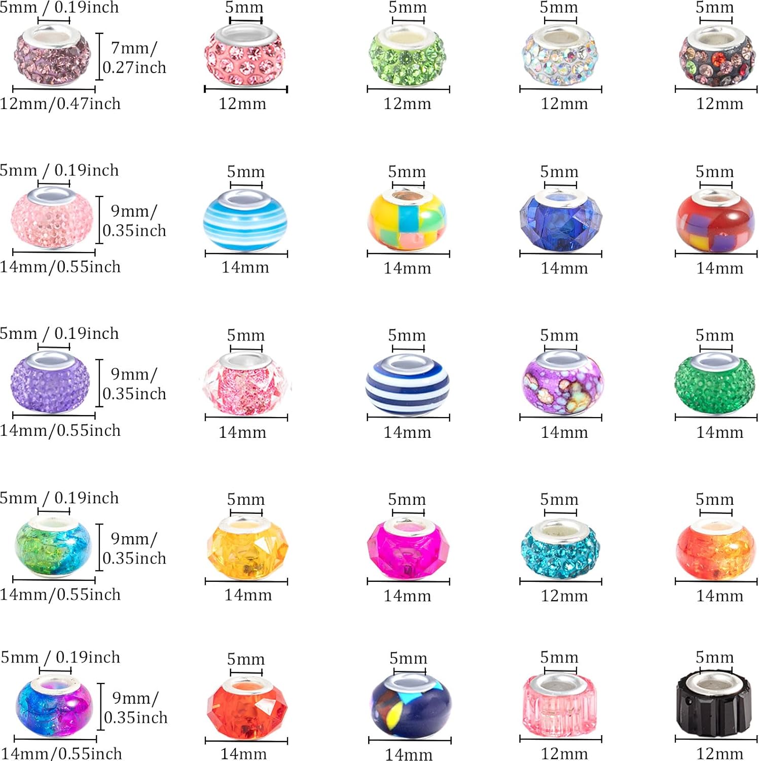 210 cuentas europeas de agujeros grandes, cuentas de manualidades europeas surtidas, cuentas de diamantes de imitación de colores mixtos, cuentas