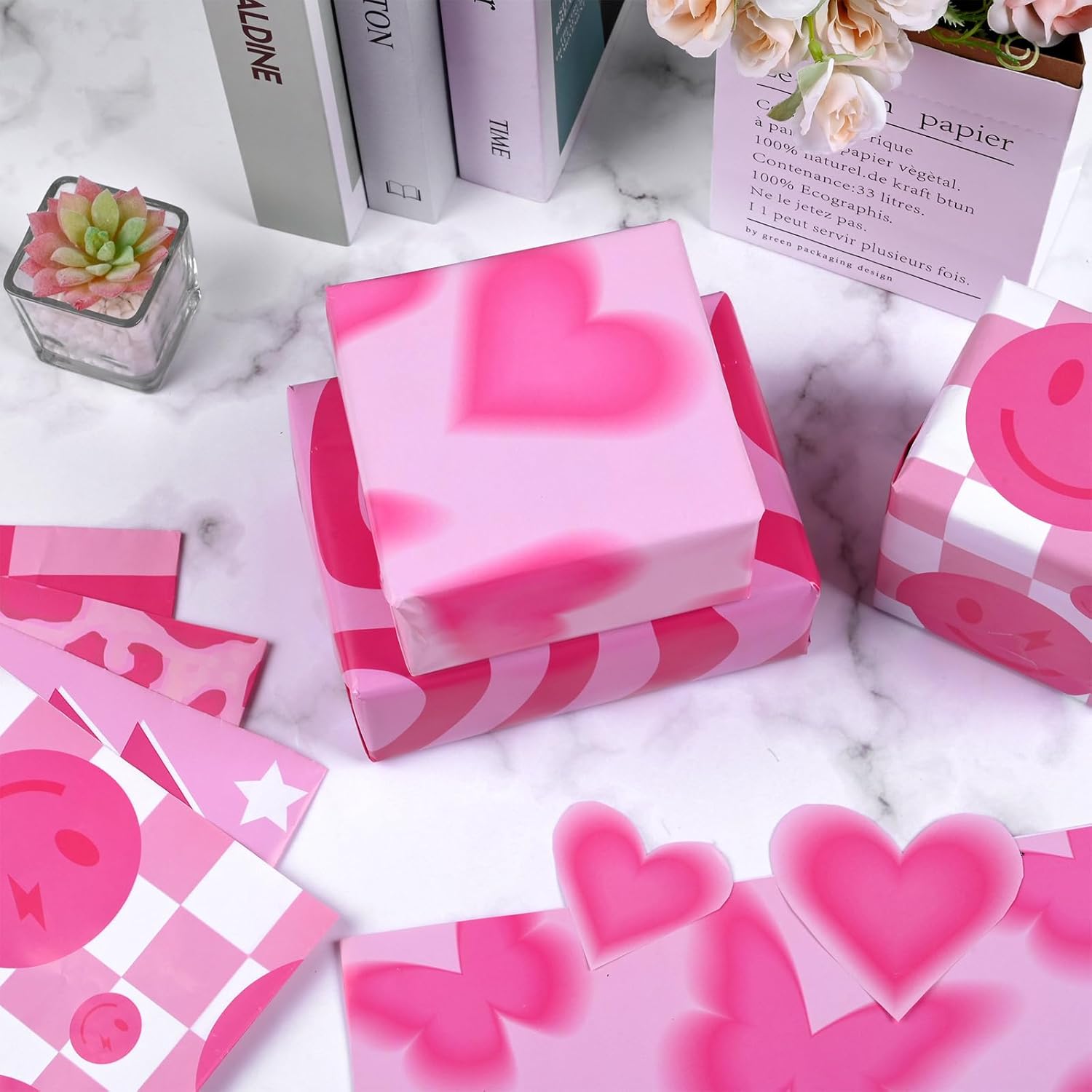 Bolsome 12 hojas de papel de regalo temático preppy, papel de regalo con diseño de leopardo y mariposa sonriente rosa para principios de la década