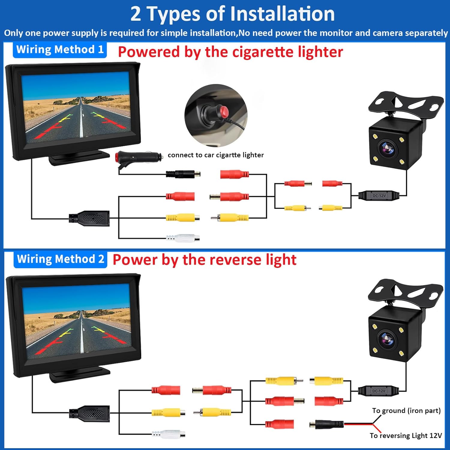 Kairiyard Cámara de respaldo, cámara de visión trasera inversa para automóvil con monitor de 5 pulgadas, HD de 170 , visión nocturna gran angular,