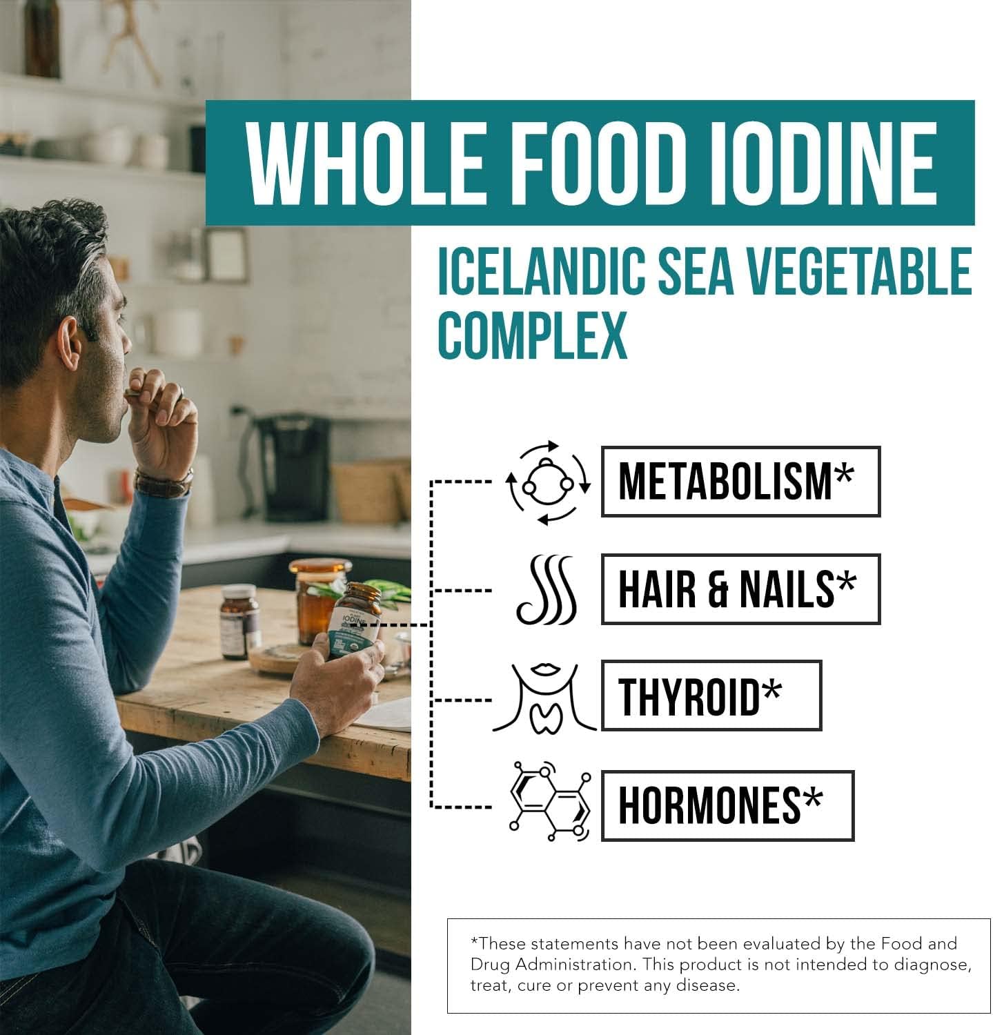 Suplemento de yodo orgánico  1,500 mcg de yodo, fuerza máxima  del complejo de vegetales marinos, alimentos integrales y forma cruda  Contiene algas