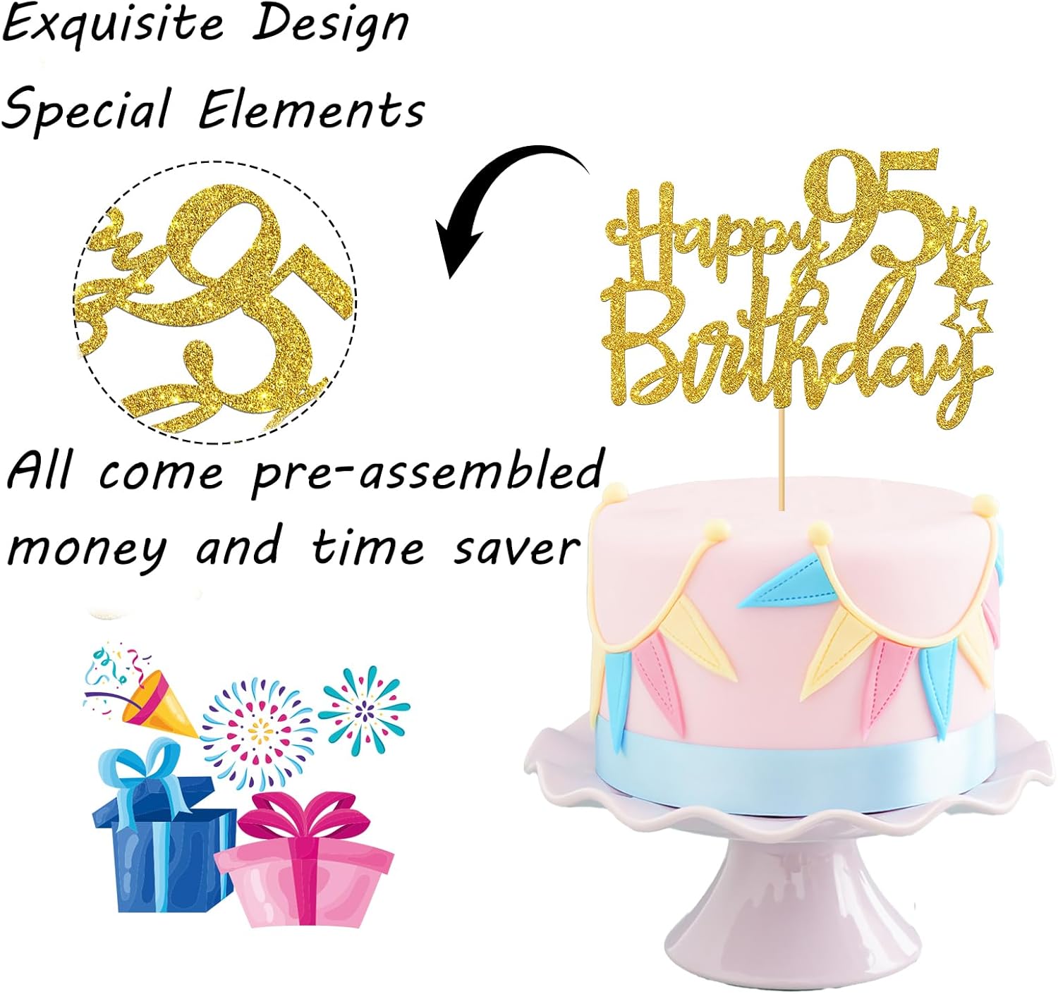 Decoración para pastel de cumpleaños de 95 años con purpurina dorada  Decoración para pastel de 95 años  Decoración de fiesta de cumpleaños 95