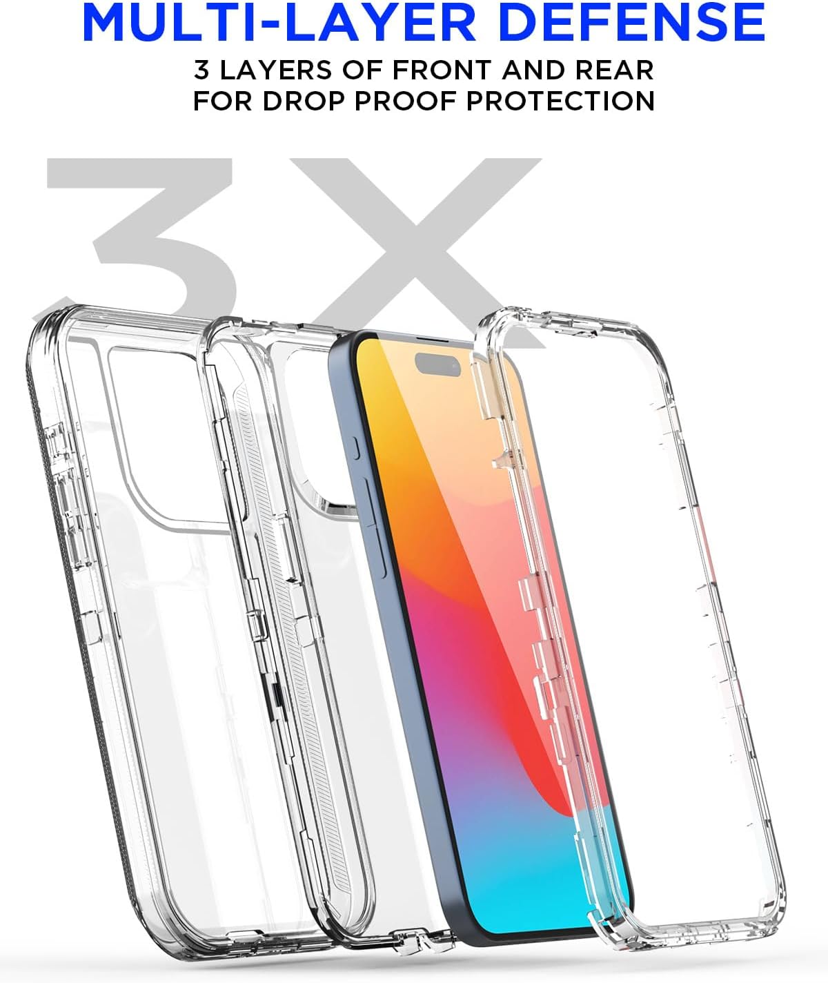 AICase Funda transparente para iPhone 15, resistente y duradera de 3 capas no amarillenta protección contra caídas de grado militar a prueba de