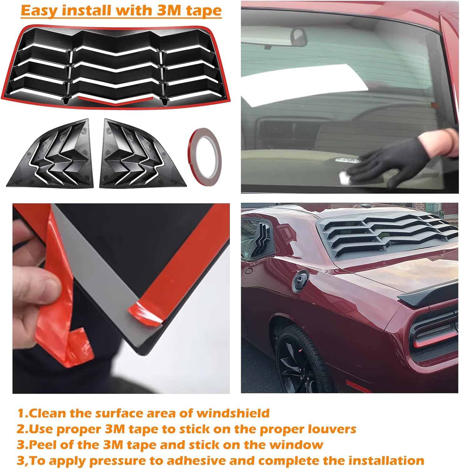 Juego de rejillas de ventana trasera y lateral para Dodge Challenger 2008-2023 para parabrisas en GT Lambo estilo ABS negro mate, ajuste