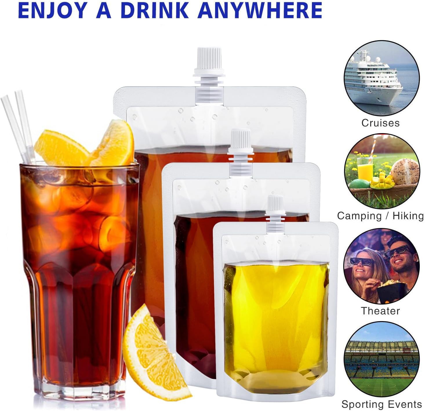 Frascos de plástico reutilizables para crucero, juego de botellas de plástico, bolsas de plástico de viaje para jugos, bolsas de bebidas para viajes