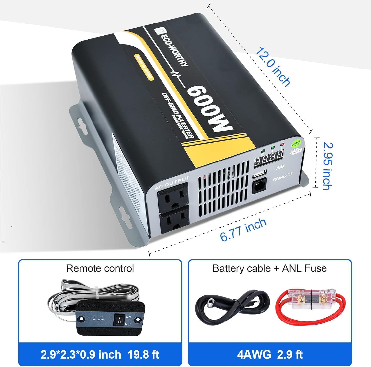 ECO-WORTHY Inversor de onda sinusoidal pura de 600 W, salida de CA, puerto de salida USB, indicador LED, ventiladores de refrigeración duales y