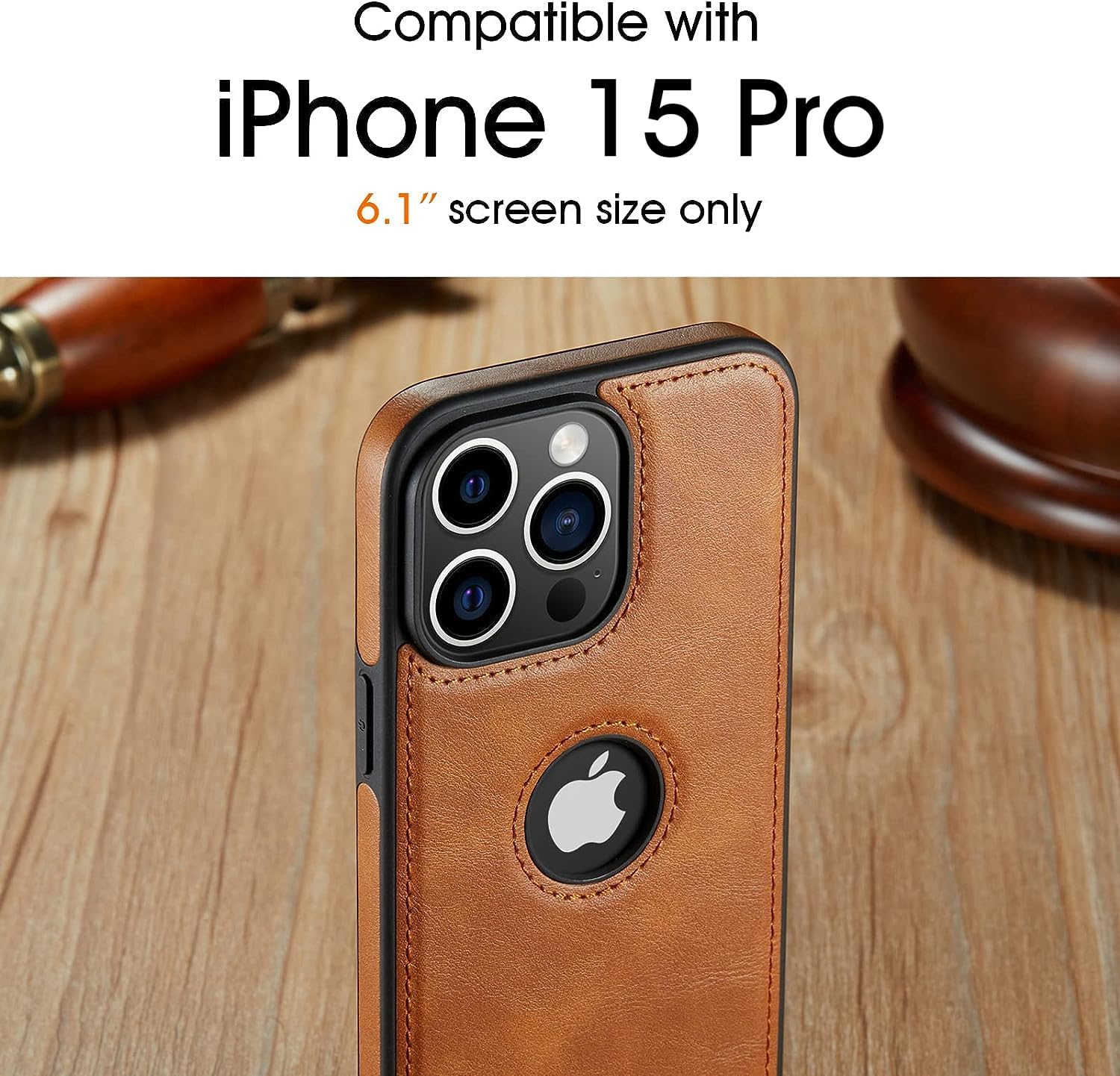 Casus – Funda de cuero vegano diseñada para iPhone 15 Pro, diseño delgado, diseño clásico, elegante, delgada funda protectora (2023) de 6.1 pulgadas