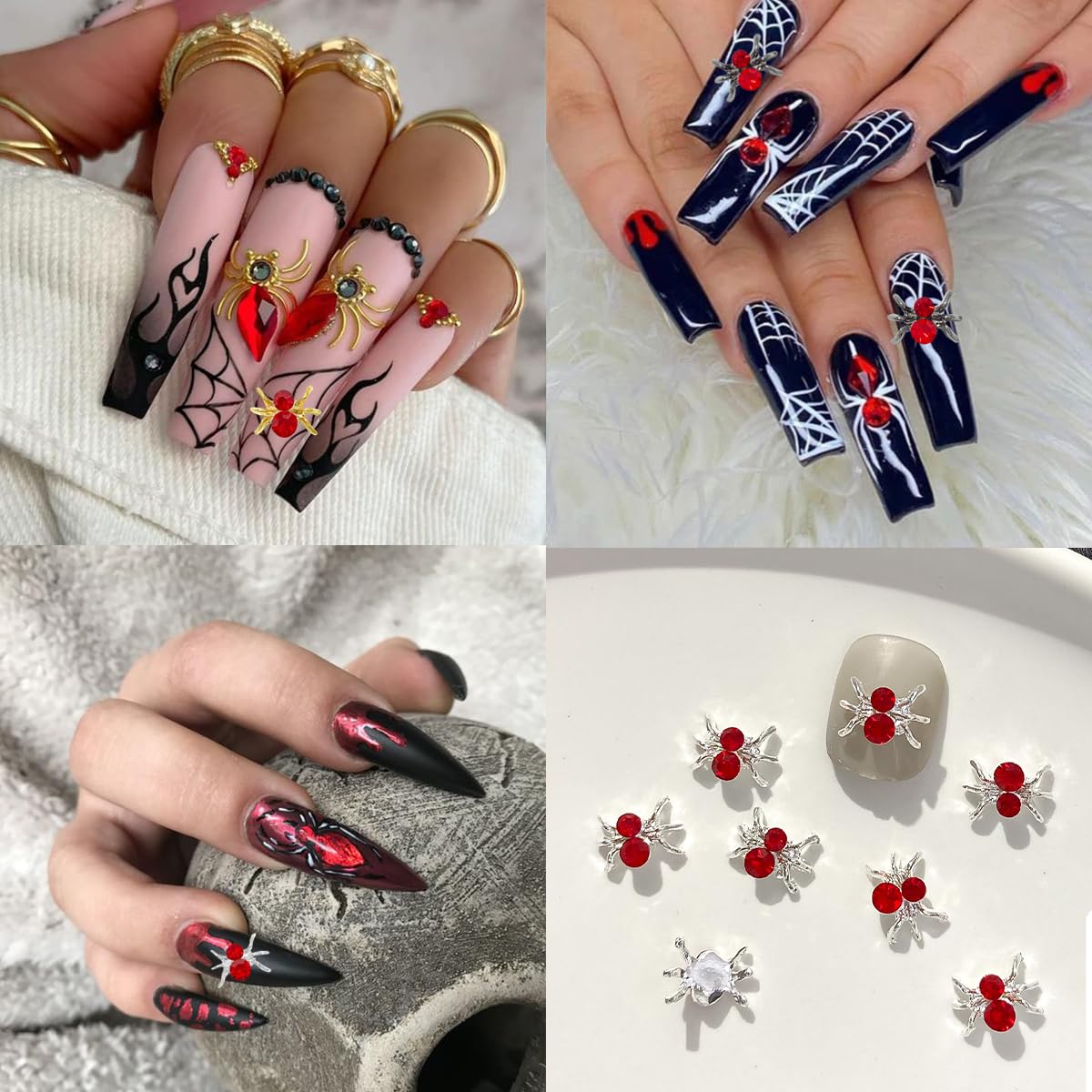 36 dijes de uñas de Halloween de aleación, dijes de araña, dorados, plateados, rojos, negros, arañas, joyas brillantes y coloridas, diseño de