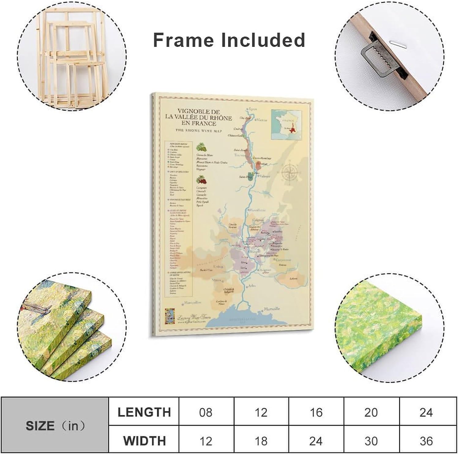 BETSON Póster de Francia, mapa del valle del Ródano septentrional, mapa de regiones vinícolas, póster en lienzo para decoración de pared, pintura