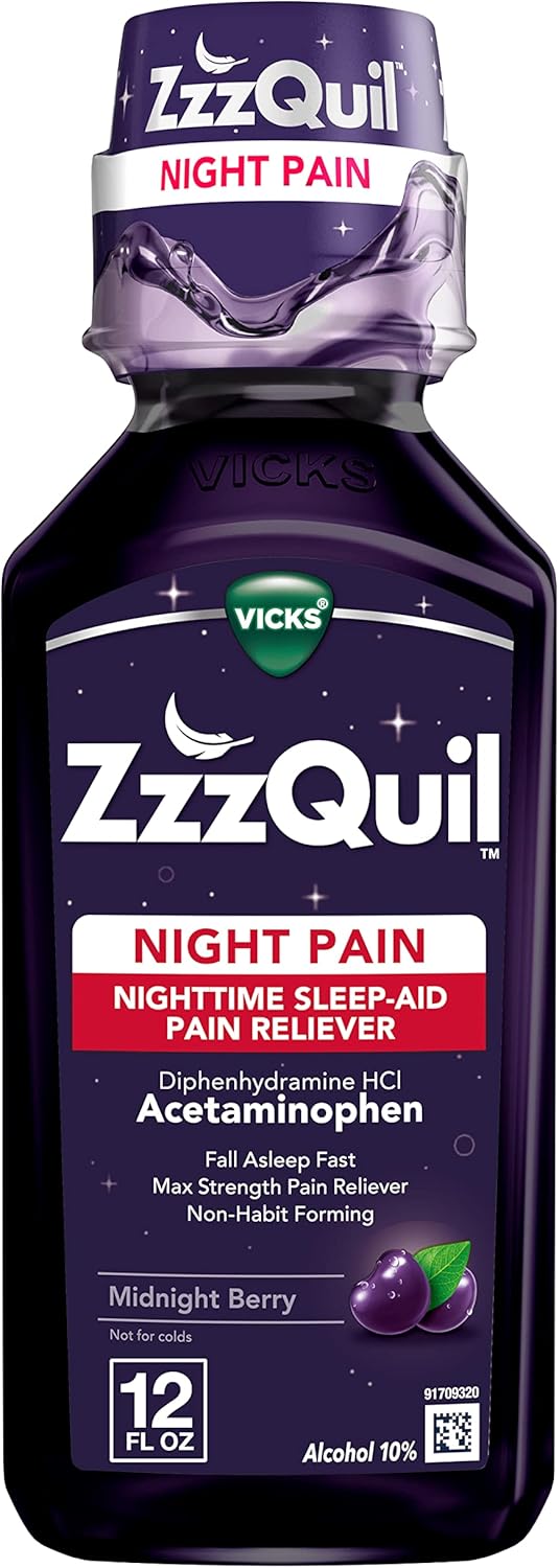 Vicks ZzzQuil – Alivio del dolor nocturno para aliviar el dolor, 12 onzas líquidas, alivio del dolor de máxima fuerza, sin formación de hábitos