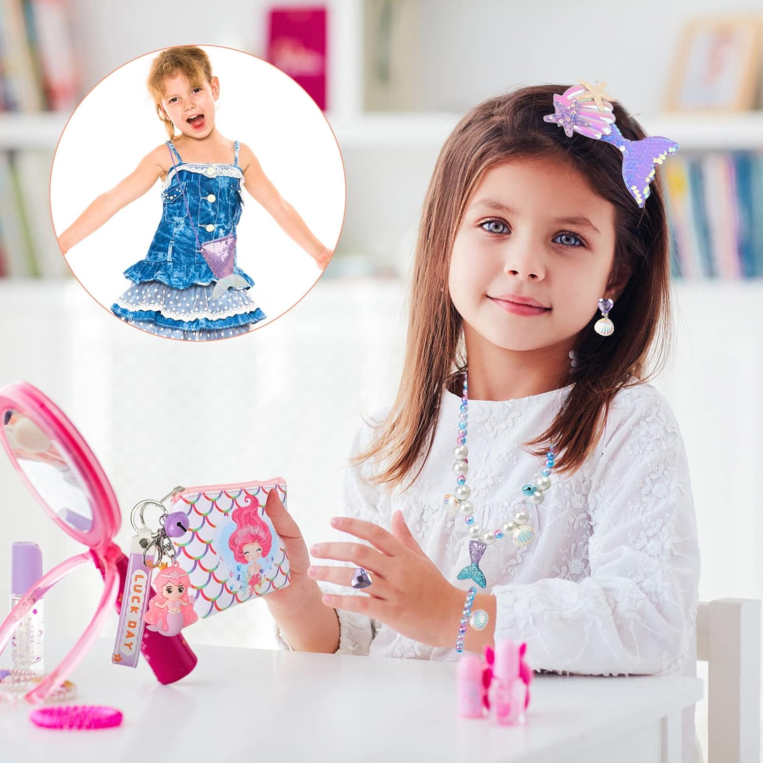 Mermaid Gifts for Girls, Mermaid Tail Blanket Mermaid Jewelry Makeup Set for Girls 3 4 5 6 7 8 9 10 11 12 Years Old