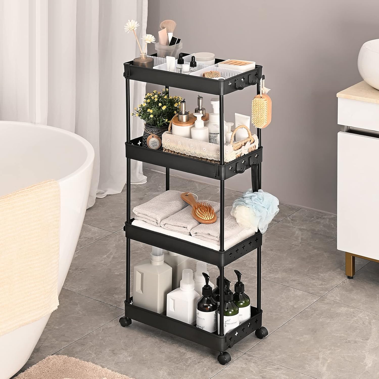 KINGRACK Carrito utilitario rodante de 4 niveles, carrito de arte de almacenamiento para manualidades con divisores ajustables, carrito de servicio