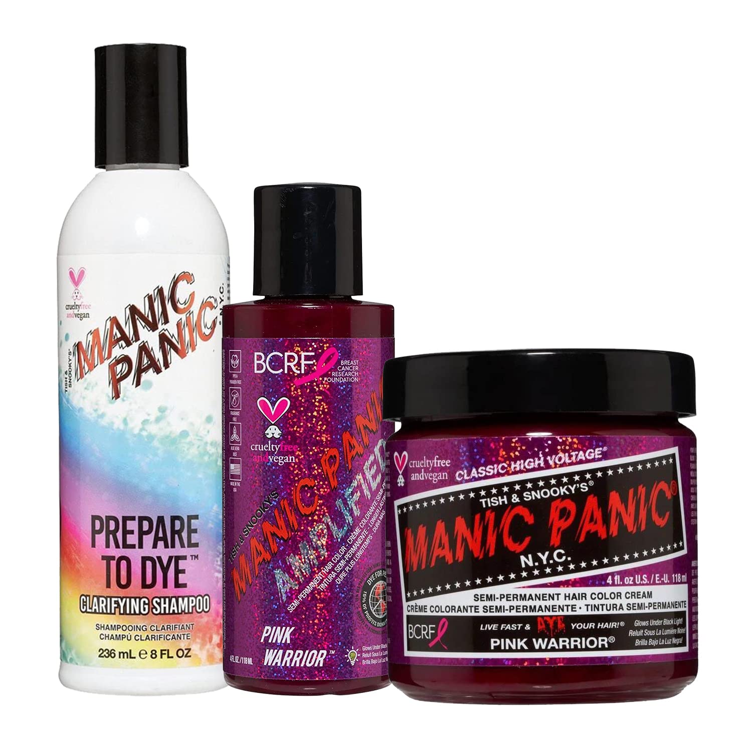 MANIC PANIC Paquete amplificado de tinte para el cabello Pink Warrior con champú aclarador Pink Warrior Classic y prepara para teñir