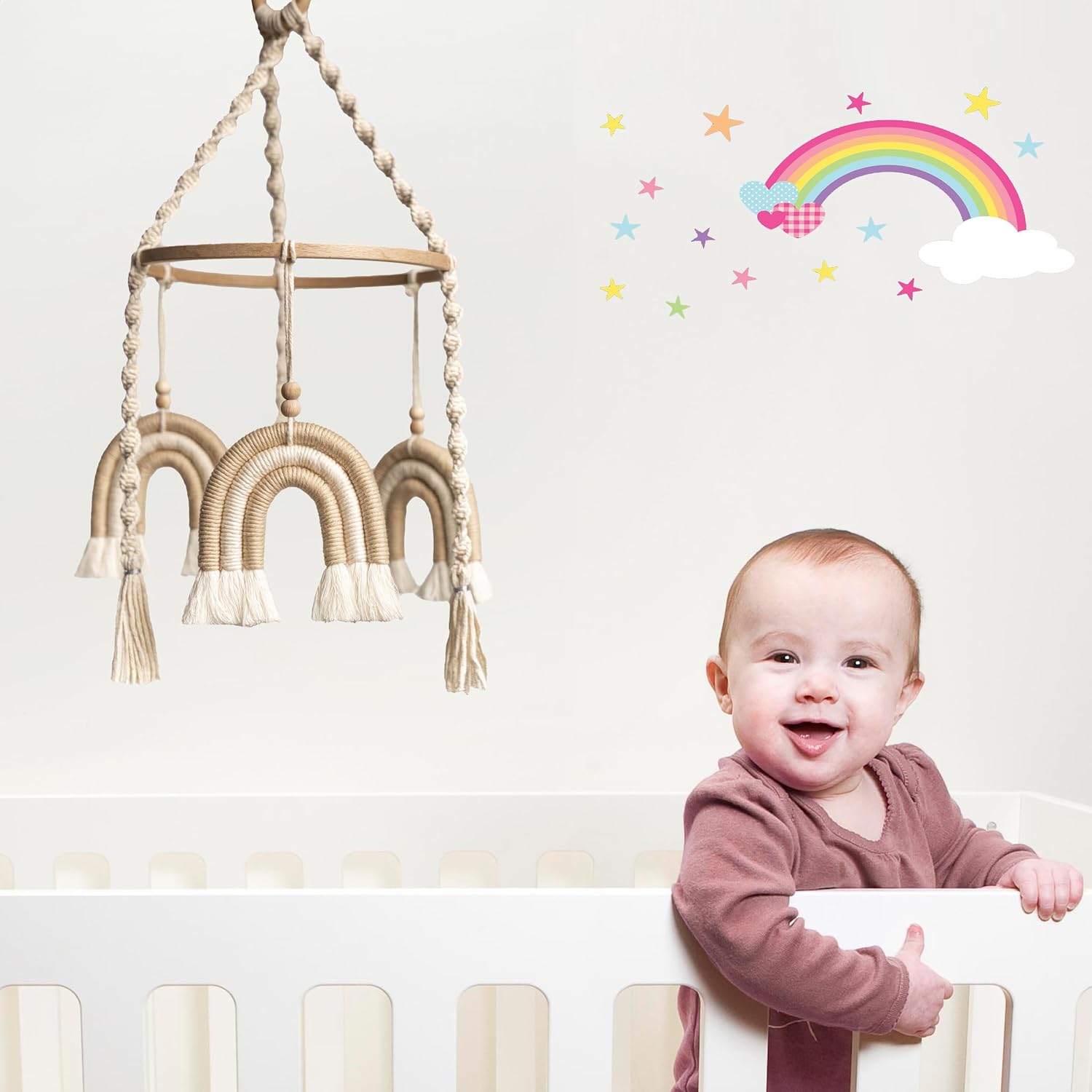 Móvil de cuna para niñas, móvil de bebé arcoíris, móvil hecho a mano para cuna, móvil de macramé para cuna, móvil de cuna bohemio, móvil de cuna