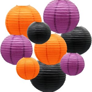 Faroles de papel decorativos para fiestas, faroles colgantes de color morado, naranja y negro, para decoración de fiesta de Halloween, graduación, Faroles de papel decorativos para fiestas, faroles colgantes de color morado, naranja y negro, para decoración de fiesta de Halloween, graduación,