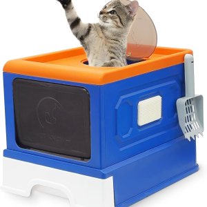 Fhiny Caja de arena plegable para gatos con tapa, inodoro cerrado para gatos de interior, bandeja de arena antisalpicaduras para gatos con auto aseo Fhiny Caja de arena plegable para gatos con tapa, inodoro cerrado para gatos de interior, bandeja de arena antisalpicaduras para gatos con auto aseo