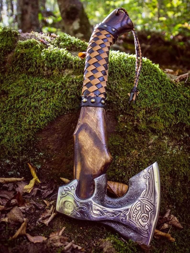 Hacha vikinga forjada a mano de 19 pulgadas, hacha de campamento de acero al carbono con eje de madera de rosa, regalos vikingos para hombres, hacha