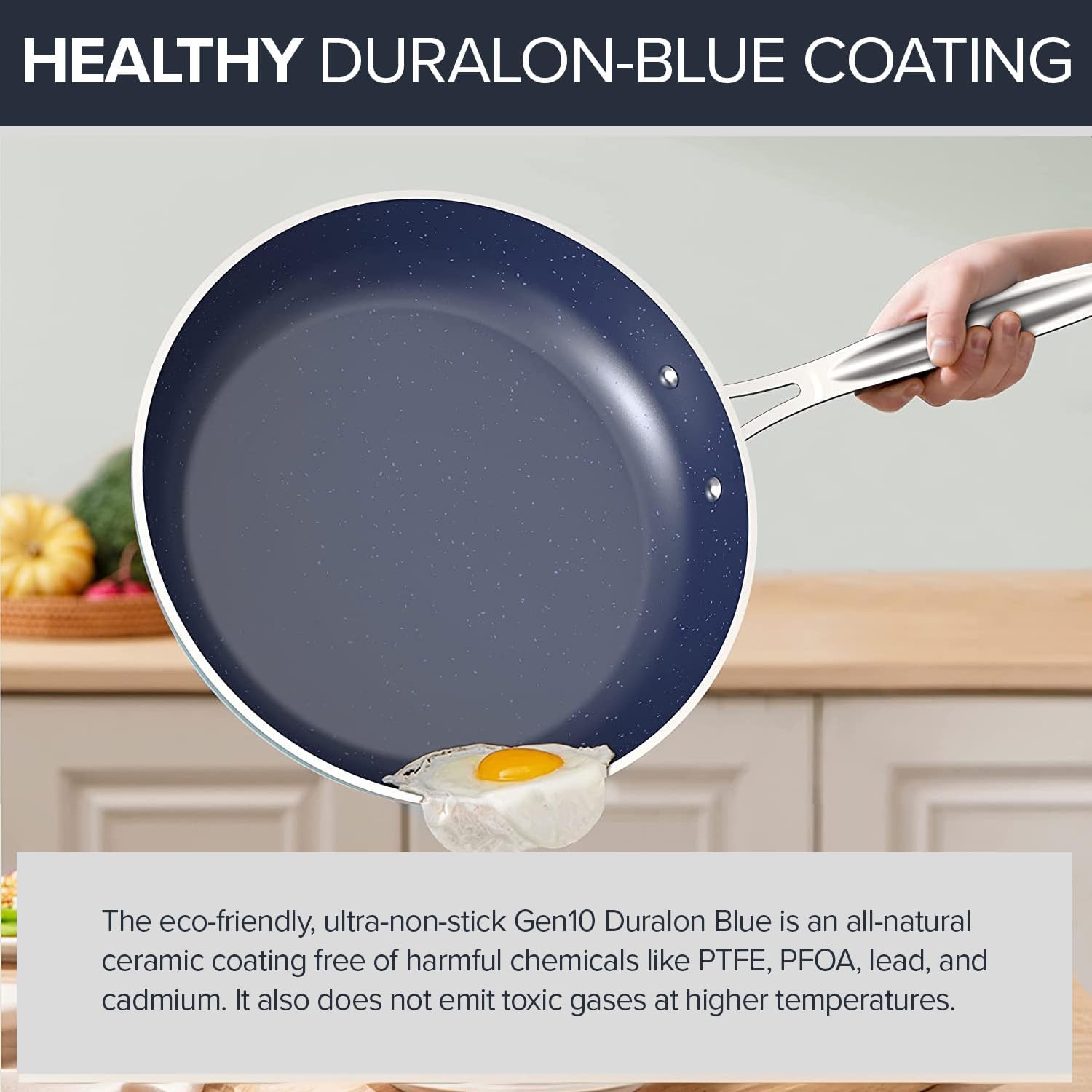 Nuwave Juego de sartenes ligeras forjadas de 3 piezas de 8, 10 y 12 pulgadas, G10 Healthy Duralon Blue Ceramic Ultra Antiadherente, asas ergonómicas