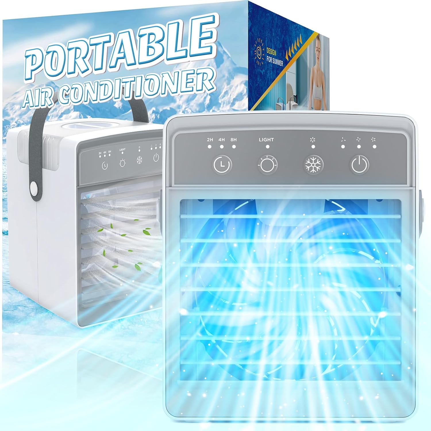 Aire acondicionado portátil, enfriador de aire evaporativo de 3 velocidades con temporizador, tanque de 10.8 onzas líquidas, unidad de CA pequeña,