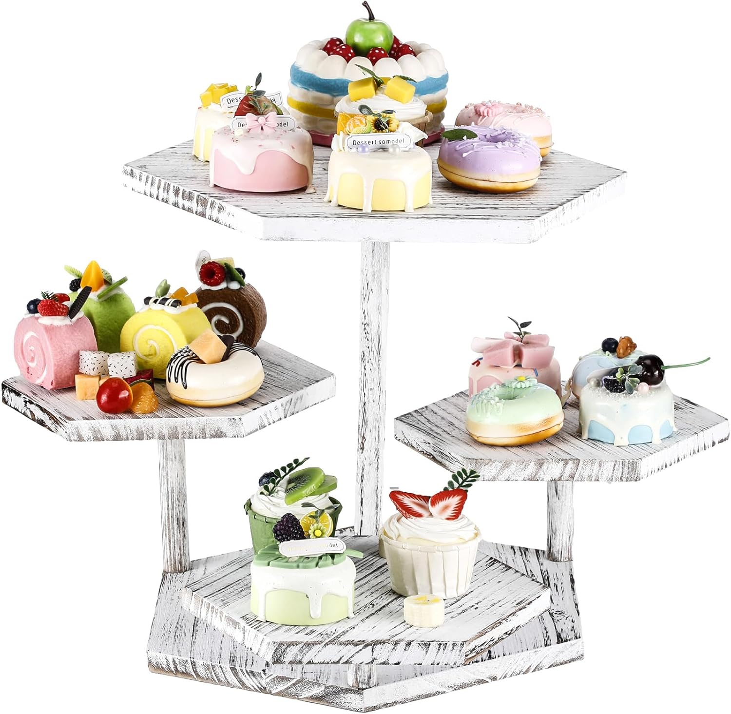 Uiifan Soporte hexagonal para cupcakes de 4 niveles, soporte hexagonal de madera para tartas, postres, cupcakes, torre de granja, bandeja