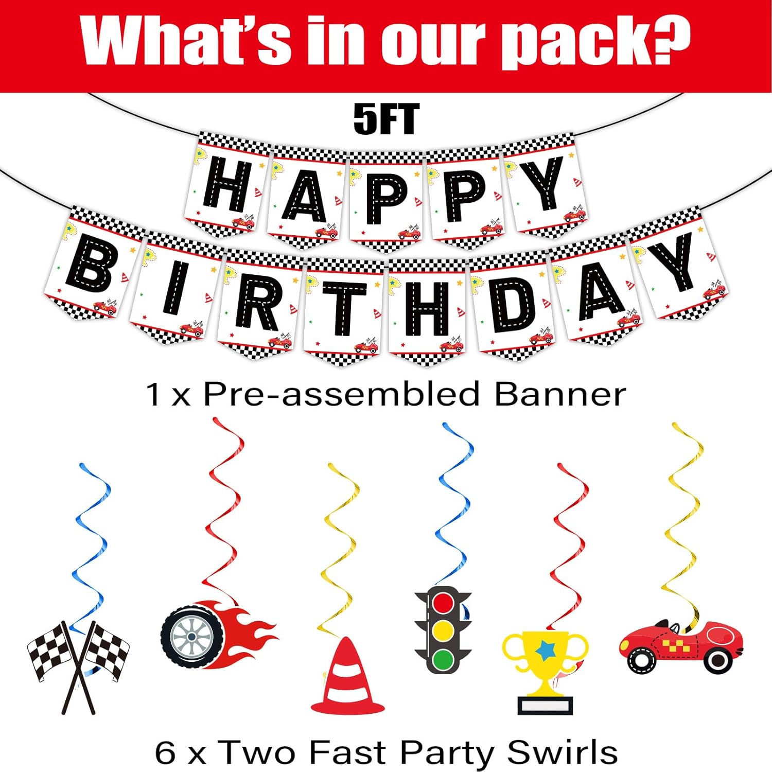 Juego de 184 piezas de suministros para fiesta de cumpleaños rápido, incluye platos de coche de carreras, servilletas, mantel, pancarta, kit de