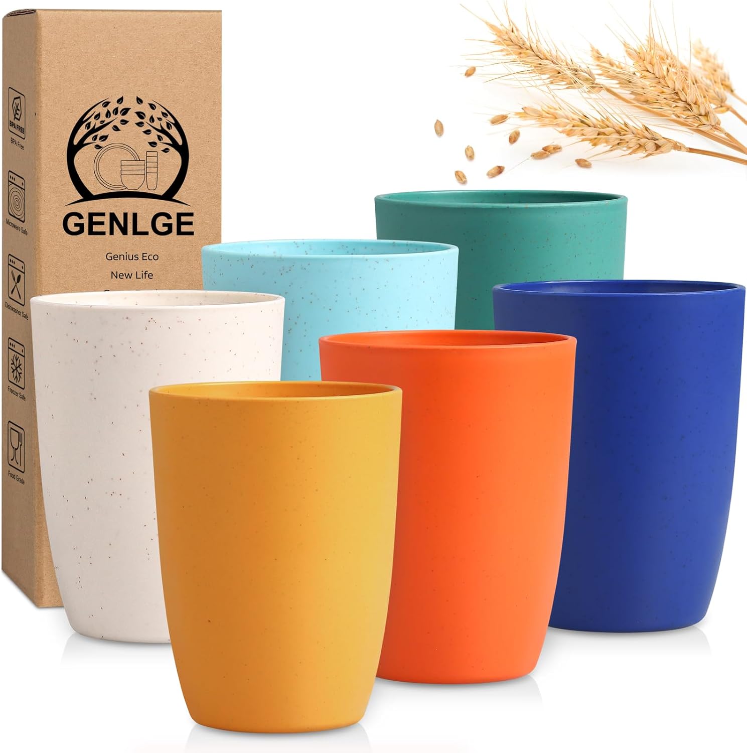 GENLGE Vasos de plástico reutilizables con pajita de trigo de 12 onzas, juego de vasos irrompibles para cocina, sin BPA y aptos para lavavajillas