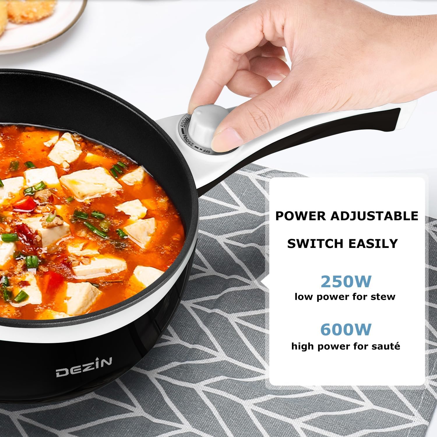 DEZIN Olla eléctrica mejorada, sartén antiadherente, olla eléctrica de fideos rápidos, mini olla caliente portátil de 1.5 litros para carne, huevo,