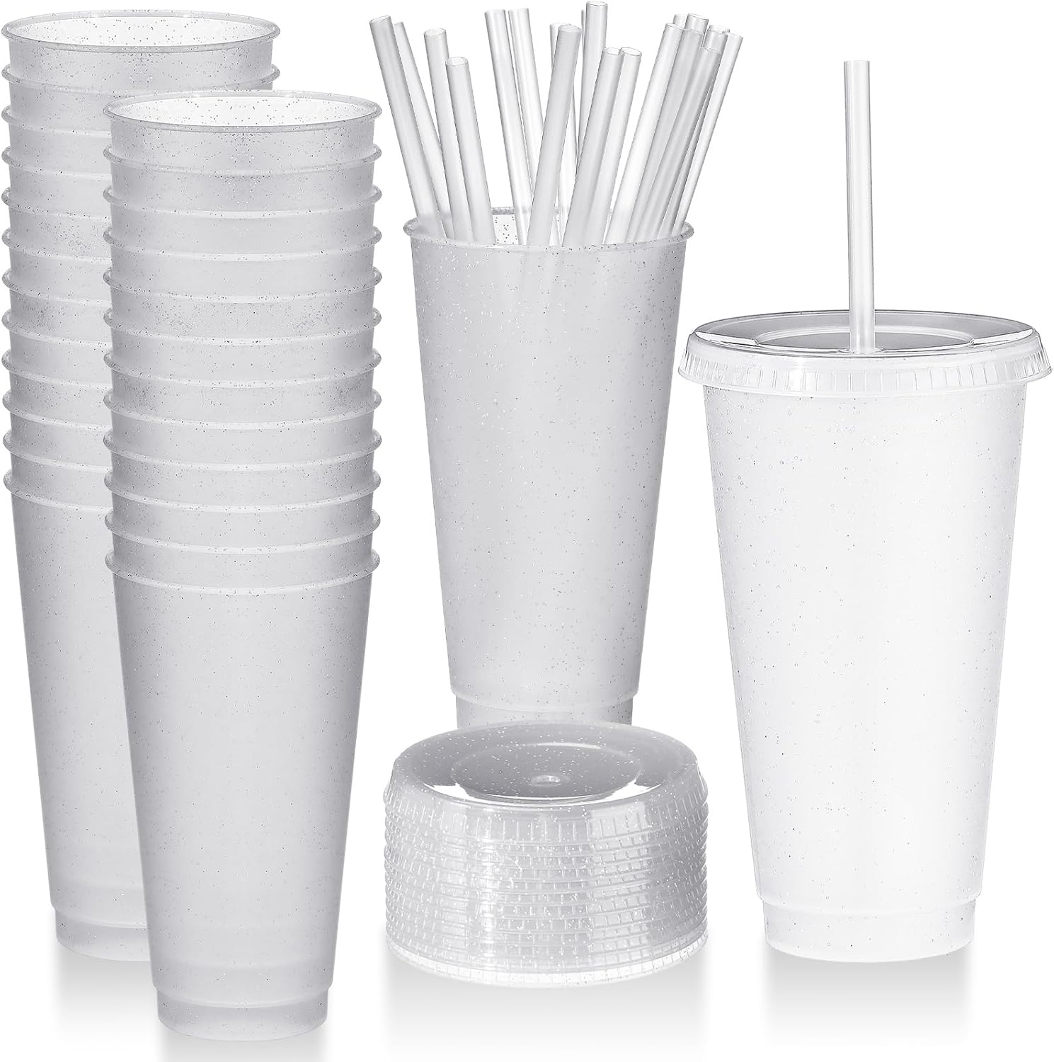 Dandat 24 vasos de plástico con tapa y pajita, vasos reutilizables de 24 onzas, vaso de café helado con purpurina a granel, taza de viaje para niños